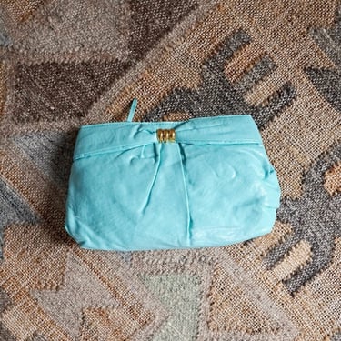 Vintage 80's Dreamy Sky Blue Faux Leather Crackle Finish Gold Hardware Clutch Shoulder Bag 