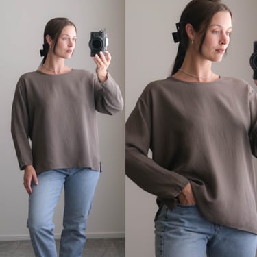 Vintage 90s Flax Angelheart Chalky Gray Mauve Silk Boxy Relaxed Long Sleeve Blouse | 100% Silk | 1990s Silk Women's Armani Style Boho Blouse 