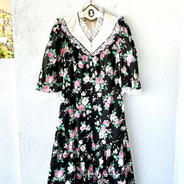 Vintage 70s 80s Sun Babies Liberty House Hawaiian Muumuu Pink Floral Lace Dress Cottage Hawaii Dress Puffy Sleeve 