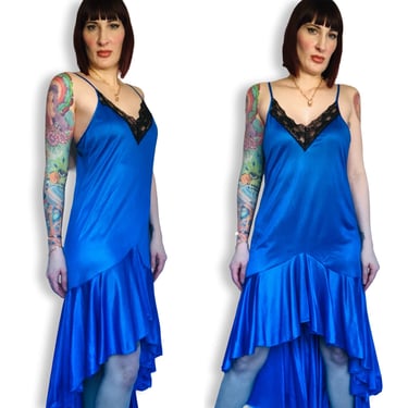 Vintage 80s 90s Blue Nylon & Black Lace Sexy High Low Slip Dress - size Medium 