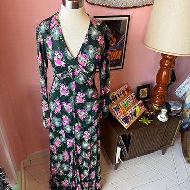 70s Vintage Dark Green Floral Tie Maxi Dress Longsleeves fits M by cherba