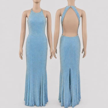Vintage Cache Silk Blue Beaded Halter Gown Size Small Open Back Formal Maxi Dress 