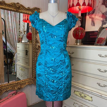 vintage 1980s green satin sequin dress ruffled puff sleeves zum zum off shoulder 
