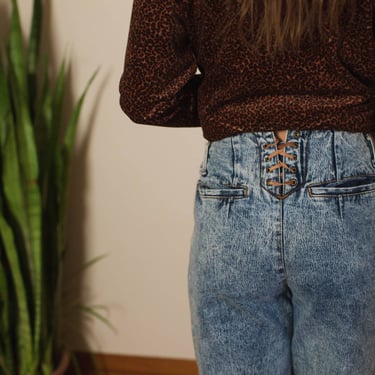 Vintage High Waist Jeans Acid Wash Suede Lace Up Back and Ankles Skinny 90s 1990s London London 