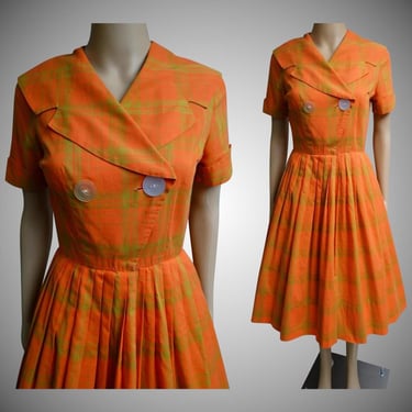Vintage 1950s Orange Dress Shawl Collar Pleated Plaid Dress Novelty Print As Is 