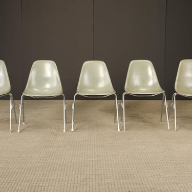 Set of Five Vintage Herman Miller DSS Fiberglass Shell Dining Chairs in Greige on Stacking Steel Bases 