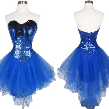 Vintage Blue Strapless Sequin 80s Prom Party Dress XS Extra Small Sheath Tiered Tulle Net Peplum Avant Garde Beaded Best Costume 1980s Queen 