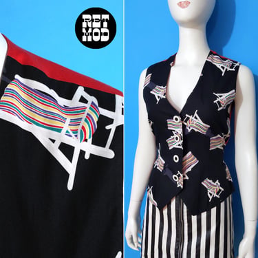 Wearable Art Vintage 80s 90s Pop Art Beach Chairs Novelty Print Statement Cotton Vest 