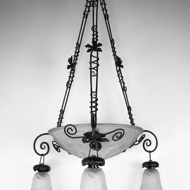 FRENCH ART DECO CHANDELIER - Molded Glass, (Poppy Motif)