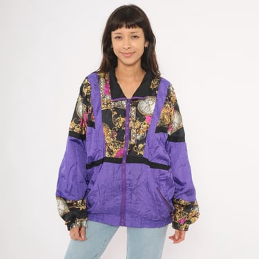 Baroque Clock Windbreaker 90s Purple Gold Pocket Watch Shell Jacket Black Magenta Ornate Colorblock Streetwear Track Coat Vintage Medium M 