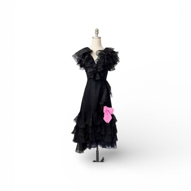 1970s Oscar De La Renta Black Ruffle Dress 