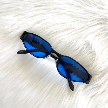 Vintage Y2K Black and Blue Skinny Oval Sunglasses 