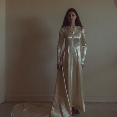 Rare 1930s couture pleated art deco satin wedding gown 