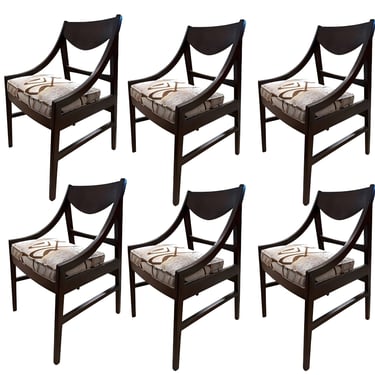 Set of Six Mid-Century Dark Wood Dining Chairs, Italy, 1960's.