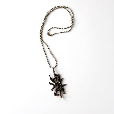 vintage brutalist pendant necklace, silver tone ball chain necklace 