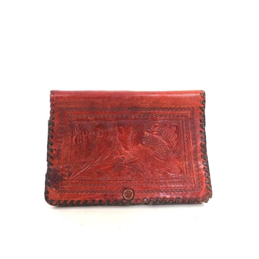 Vintage Tooled Leather Clutch: Tan Brown Floral Handbag (AS IS 