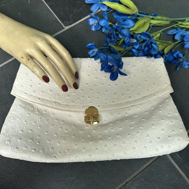 Vintage 1960s Ivory Faux Stamped Ostrich Leather Foldover Clutch Harry Levine 