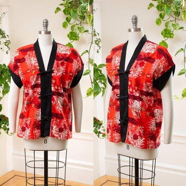 Vintage 1950s KAMEHAMEHA Tea Timer | 50s Hawaiian Aloha Red Floral Top Cotton Asian Blouse | medium/large 