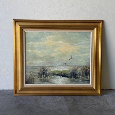 Vintage European Marsh Landscape Oil Painting, Gilt Frame, 1960s 