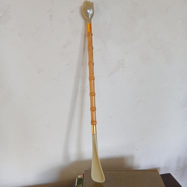 Vintage Wooden Bamboo Style Shoehorn with Black Scratcher Hand 