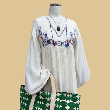 Vintage Embroidered Maxi Kaftan Dress 1970s Retro Womens + No Size + Puebla Style + Flowers + White + Loose Silhouette + L/S + Mexican Dress 