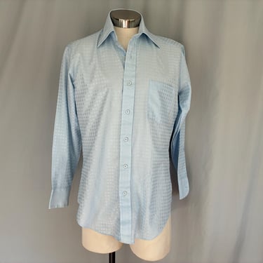 Mens light blue 1970s dress shirt with wide collar, 70s disco shirt with long collar, medium vintage dress shirt, disco shirt size 15 33 