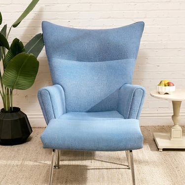 Vintage Modernist Blue High-Back Lounge Chair with Ottoman
