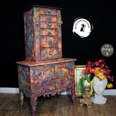 Grunge Jewelry Armoire with Floral Appliqués | Hand Painted Patina Cabinet | One of a Kind Boho Storage Chest | Reimagined Vintage Dresser 