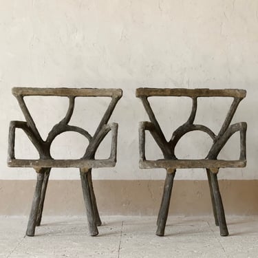Pair of 20th C. French Faux Bois Concrete Garden Arm Chairs