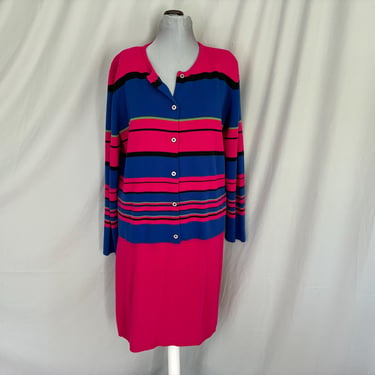 Pink and blue womens skirt suit, vintage 1980s cardigan and skirt, striped sweater with matching skirt, size medium 