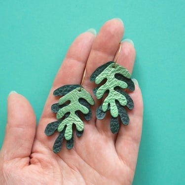 Wakame Seaweed Hoops in Dark Jade + Metallic Jade - Reclaimed Leather Statement Hoops 