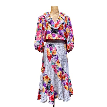 Vintage 1980s Susan Freis Dress, Polyester Georgette Mixed Print Bias Cut Tea Length w/Swirl Skirt, Boho Gypsy Style, Small 