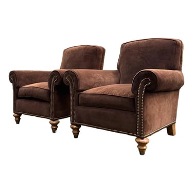 Transitional Pearson Chocolate Brown Upholstered Club Chairs - A Pair 