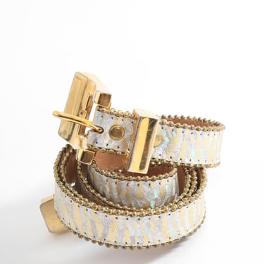 Vintage 80s 90s Metallic silver rainbow tiger striped gold tone leather belt 