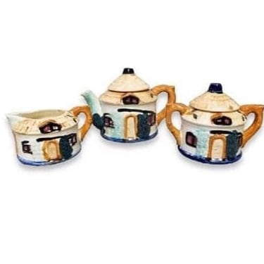 Vintage Cottage Ware Tea Set, 5pc Ceramic Thatched House Teapot Sugar & Creamer, Japan 