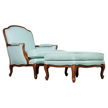 Louis XV Style Bergère Lounge Chair in Tiffany Blue + Ottoman