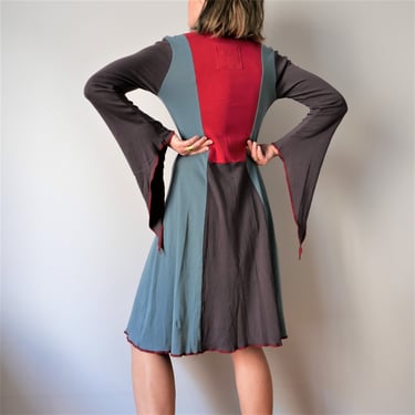 Vintage Y2K Cotton Kaftan Dress: Blue Red Boho Tunic (S/L) 
