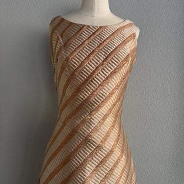 Vintage 60s Mod Micro Mini Bronze Silver Lurex Bodycon Dress; 60s Rare Bold Structured Shift Metallic Cocktail Dress; 50s Alfred Werber Mini 