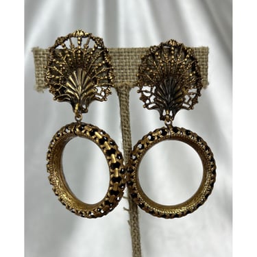 Joseff of Hollywood Gold Tone Hoop Dangle Drop Clip On Earrings Gothic Formal 