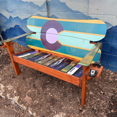 Bohemian earthtones Colorado snowboard bench, ski resort, snowboard, bench, benches, adirondack bench, firepit bench, deck furniture 