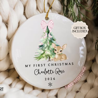 Baby Girl First Christmas Ornament, Girls First Xmas Ornament with Baby Name, Personalized Baby Girl Keepsake 2026, Pink Baby Deer Ornament by CloudArt