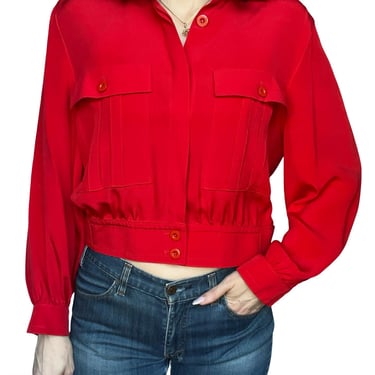 Vintage ESCADA 1980's Red Silk Equestrian Sportswear Safari Style Blouse - size Small Medium Large / 38 