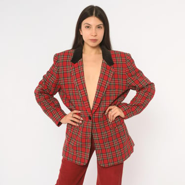90s Red Tartan Plaid Blazer Wool Blend Black Velvet Single Button Front Green Gold Check Christmas Preppy Dark Academia Jacket Large L 