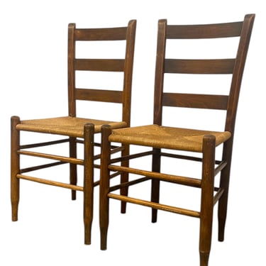 Free shipping within continental US - Pair of Vintage Ladder Back Rush Seat Chairs - Rustic Farmhouse Dining Side Chairs 