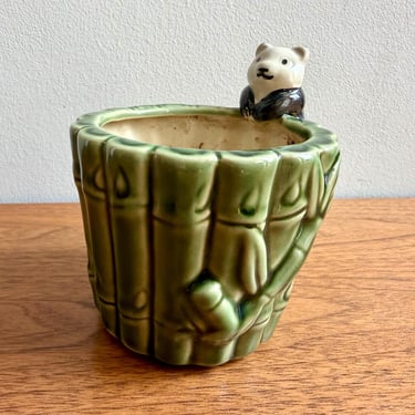 Vintage Majolica Style Panda and Bamboo Planter Cache Pot Flower Vase 