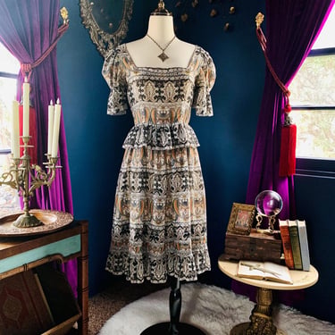 1970s Bohemian Sheer Paisley Peplum Dress / Vintage Floral Ethnic Print Tiered Dress / Medieval Vibes / Women's Size Small 
