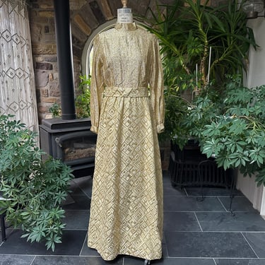 Vintage 1970s Metallic Gold and Ivory Formal Maxi Evening Dress 