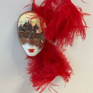 Hand Painted Venezia Mask with Red Feathers made in Italy