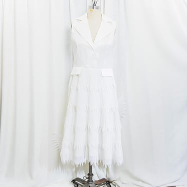2000s White Collar Tiered Sleeveless Fringe Bridal Dress Vintage Y2K Layered Reception Courthouse Dress 