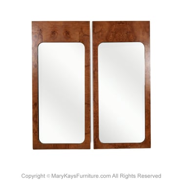 Pair Milo Baughman Style Burl Wood Mid Century Wall Mirrors